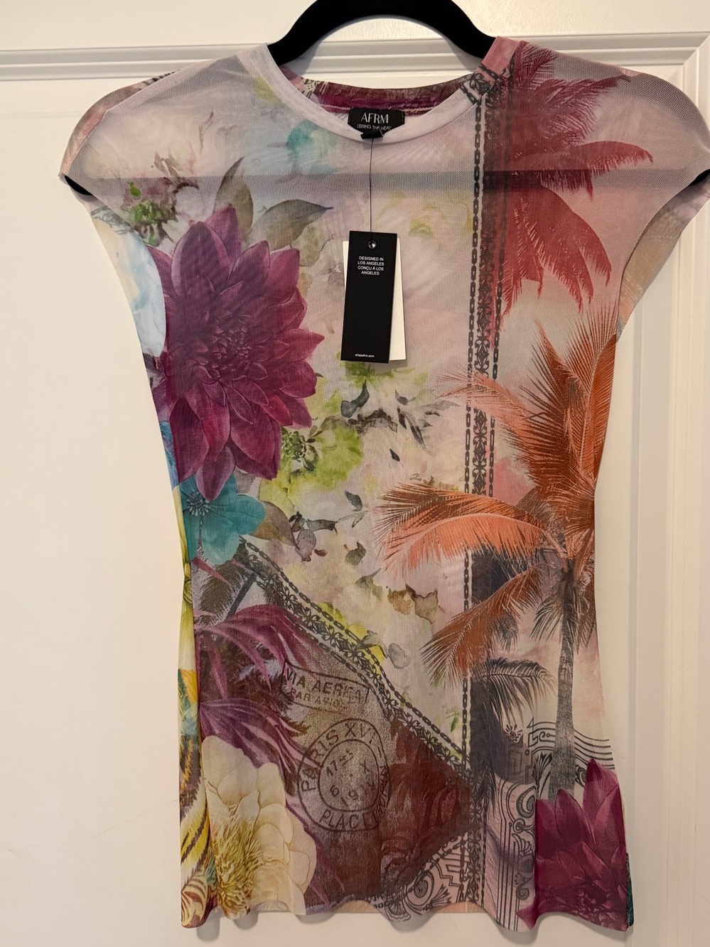 AFRM Sheer Multicolor Floral & Palm Mesh Tee